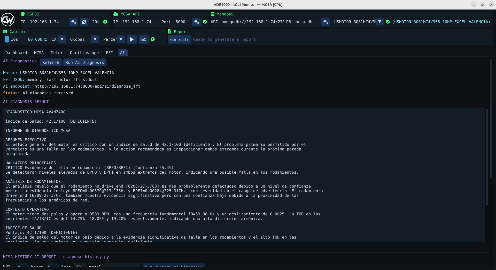 PumpSpectra AI diagnosis report for an industrial motor