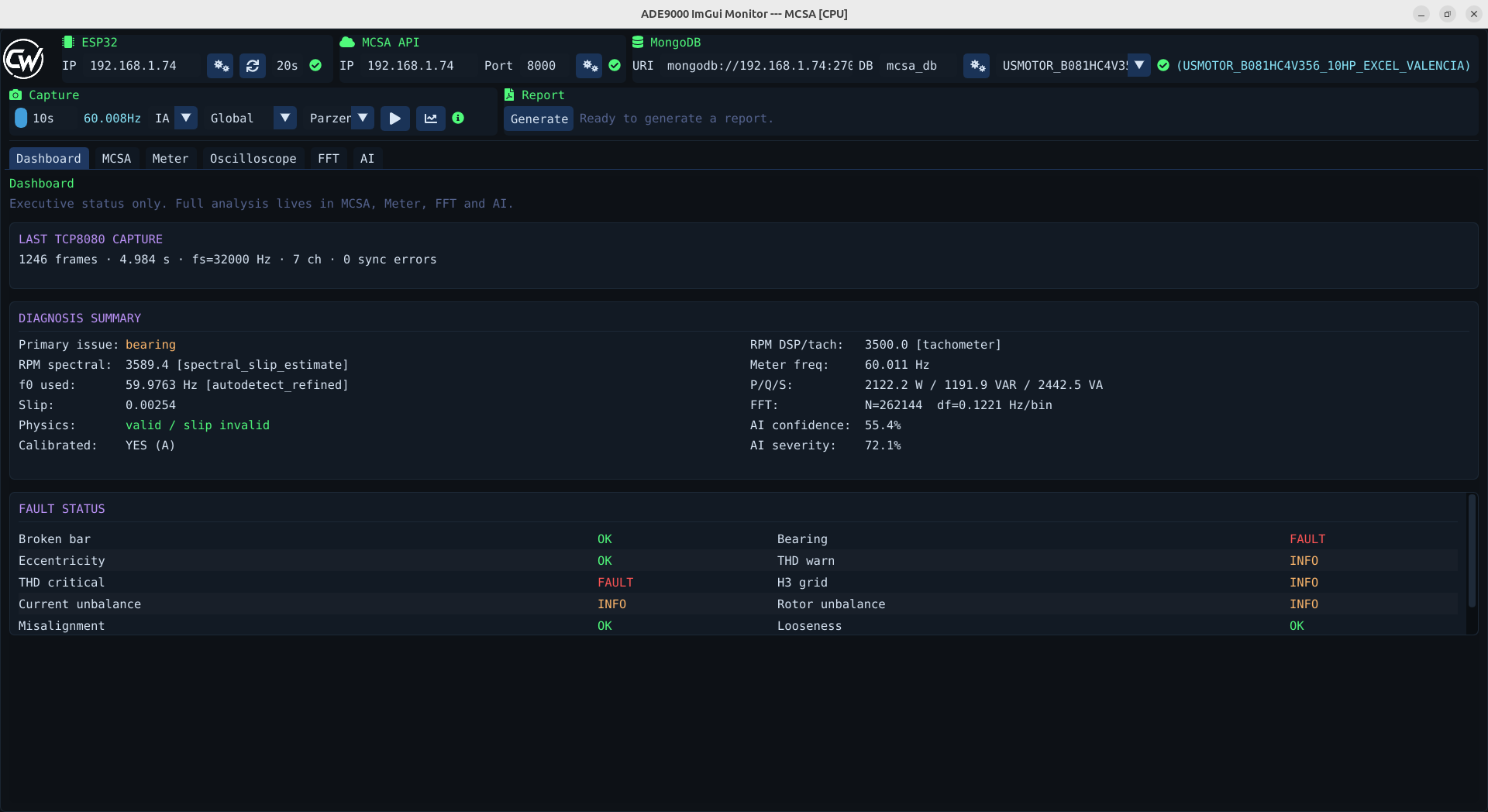 PumpSpectra operations dashboard showing capture status, motor parameters and detected faults