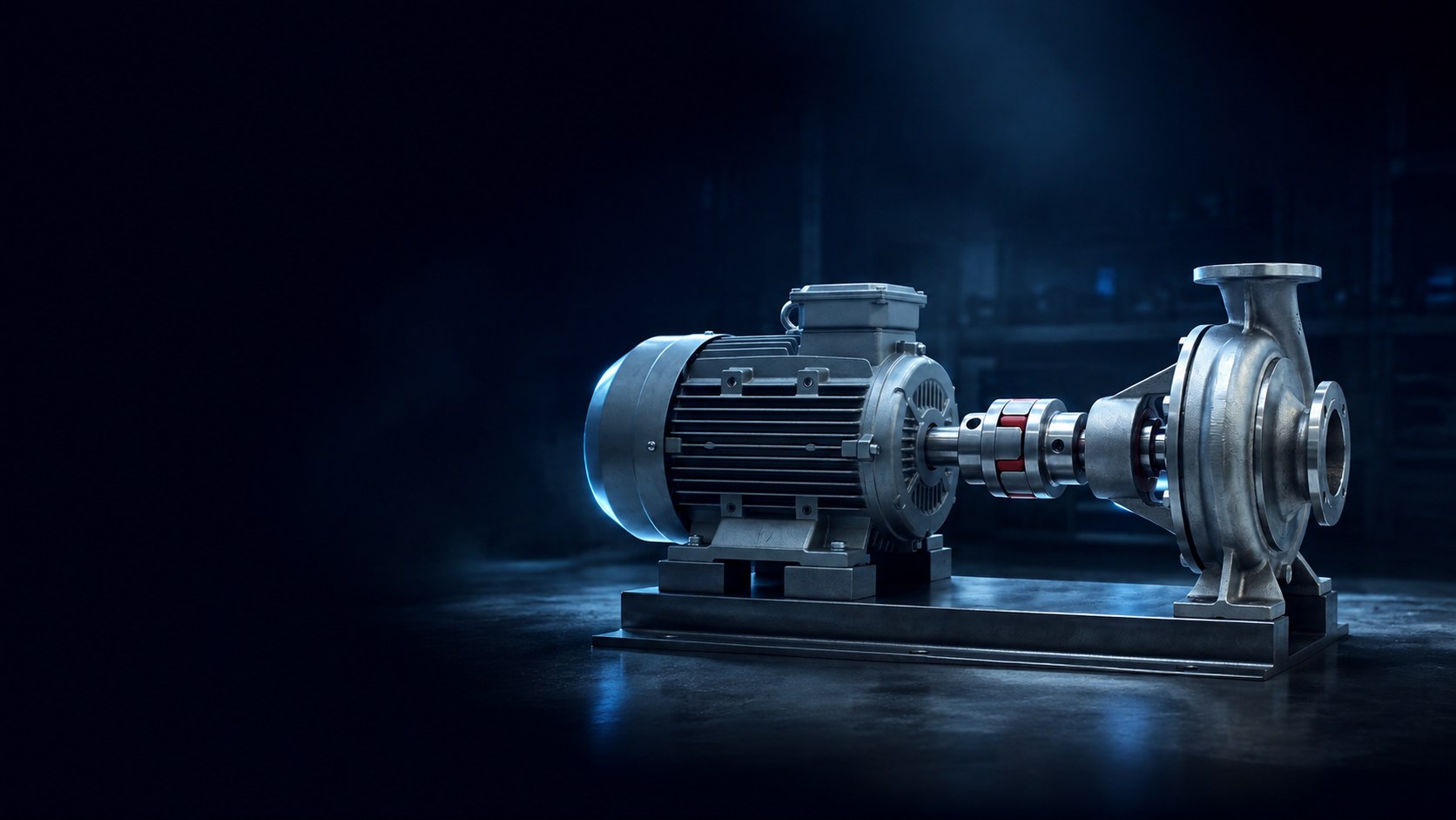 Industrial motor, flexible coupling and centrifugal pump on a common baseplate