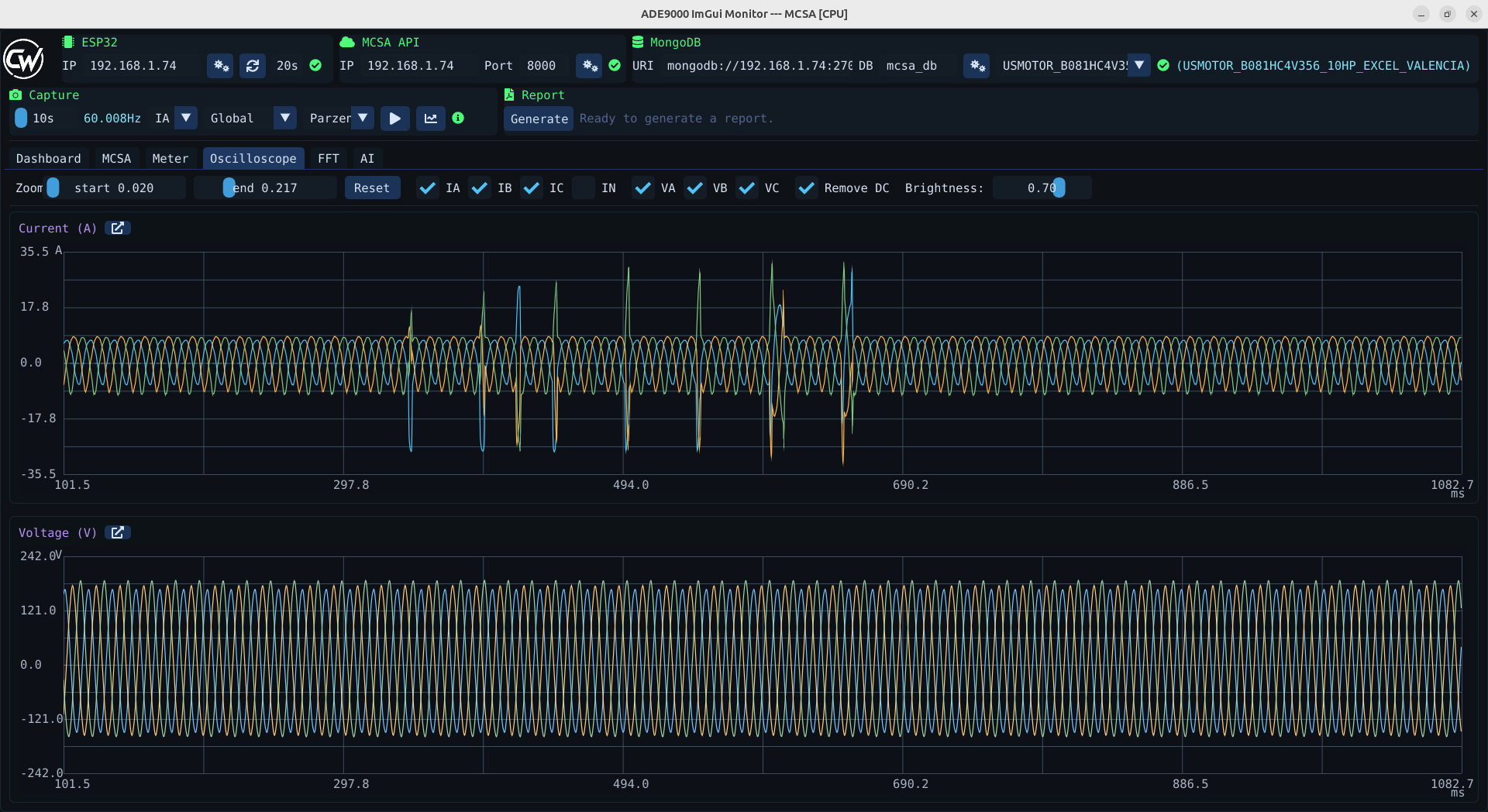 PumpSpectra oscilloscope with synchronized three-phase current and voltage waveforms