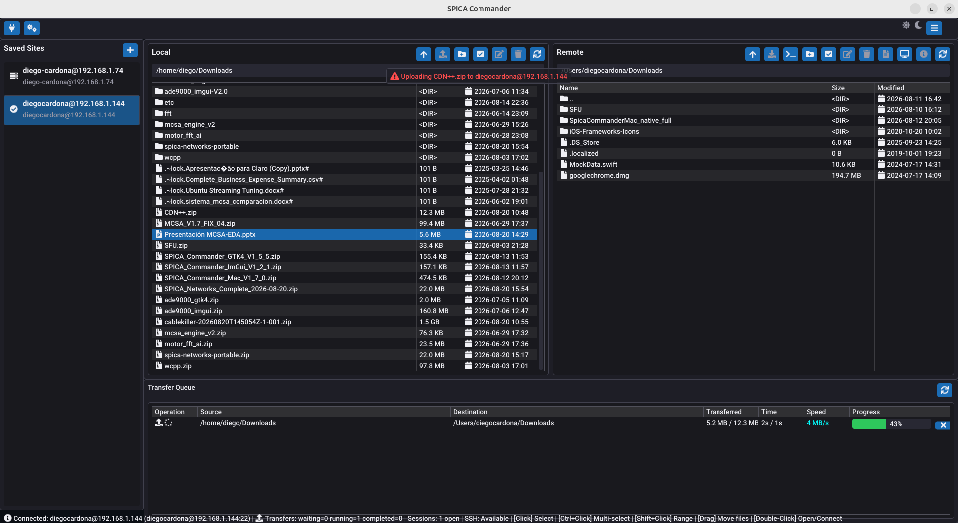 SPICA Commander ImGui interface managing local and remote file transfers