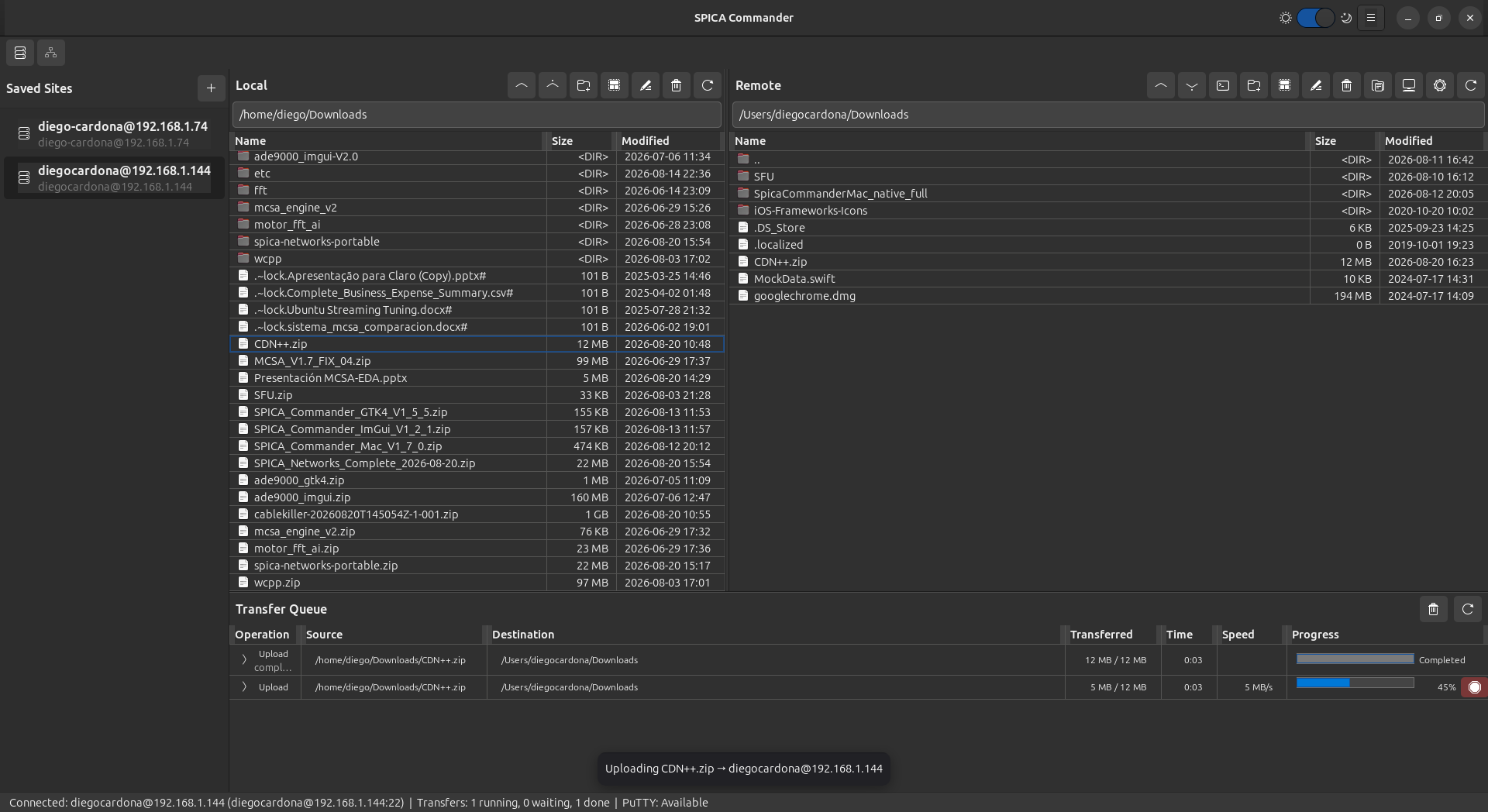 SPICA Commander dual-pane local and remote file management interface